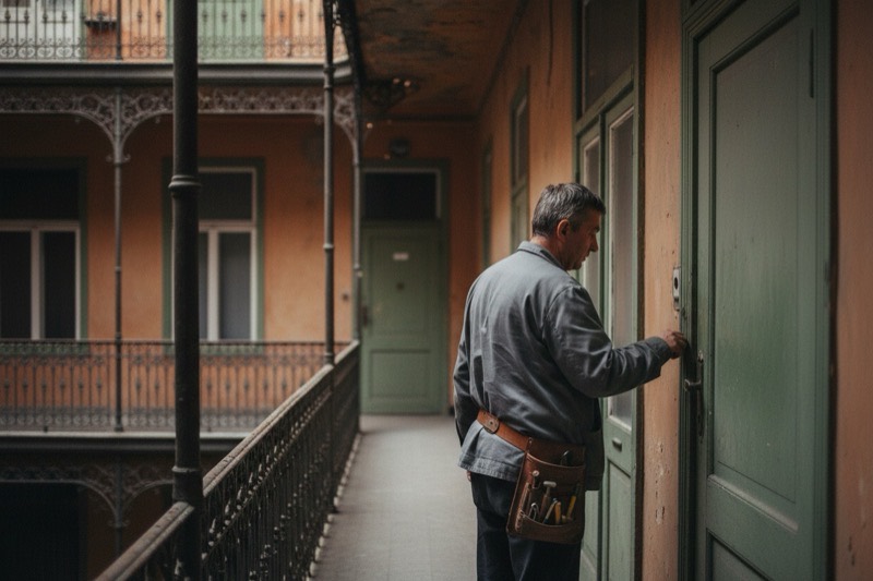 Zárszerelő egy budapesti körfolyosón, derekán szerszámöv, keze a lakásajtó kerete felé nyúl.